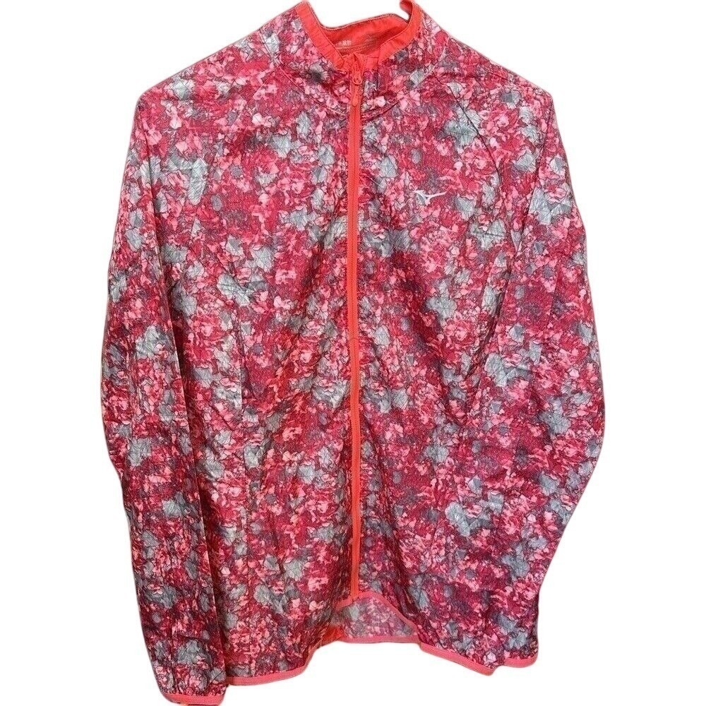 Mizuno Womens Large Full Zip Windbreaker Jacket Pink Red Abstract Floral Ripstop